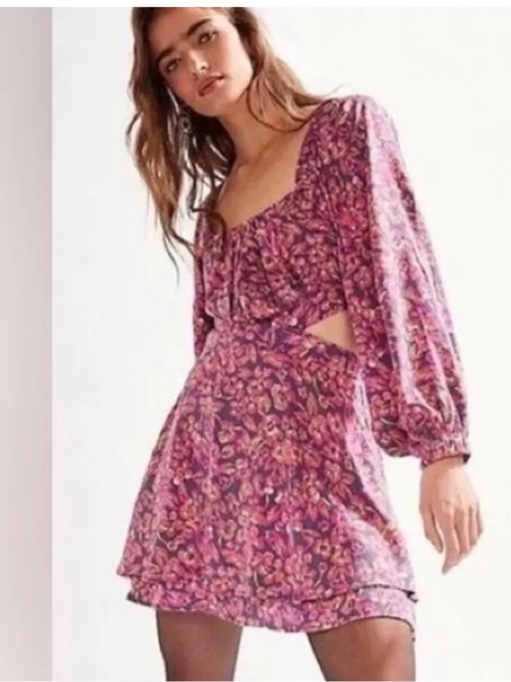 Free People Jael Floral Print Cutout Long-Sleeve Mini Dress XS NWT